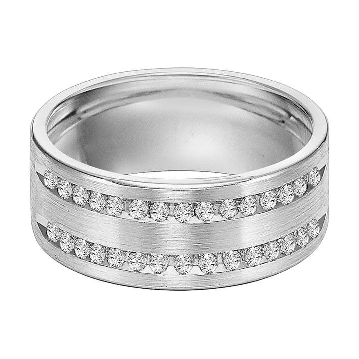 This 2 row, 30 stone diamond wedding band is Comfort Fit and features a satin finish and rolled edges for a grand look sure to make a statement