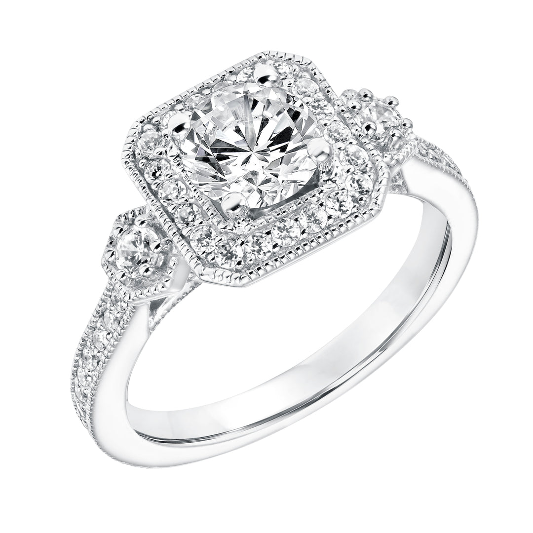 31-11011ERW-E.00 - Goldman - Three Stone Diamond Halo Engagement  Ring with Diamond Shank and Milgrain Detail