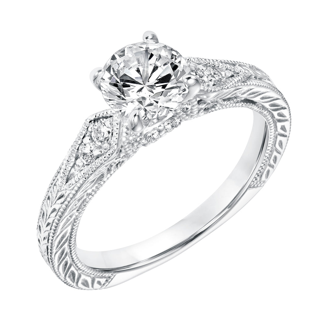 Diamond Prong Set Engagement Ring with Pinched Diamond Engraved  Shank and Milgrain Detail