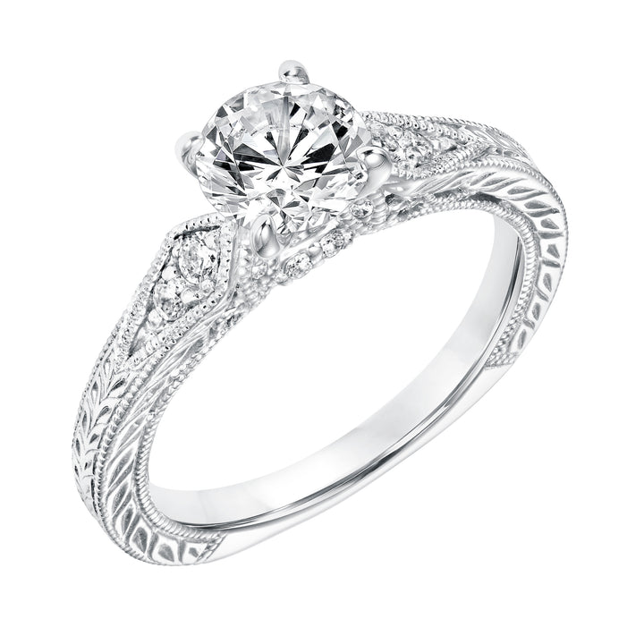 Diamond Prong Set Engagement Ring with Pinched Diamond Engraved  Shank and Milgrain Detail