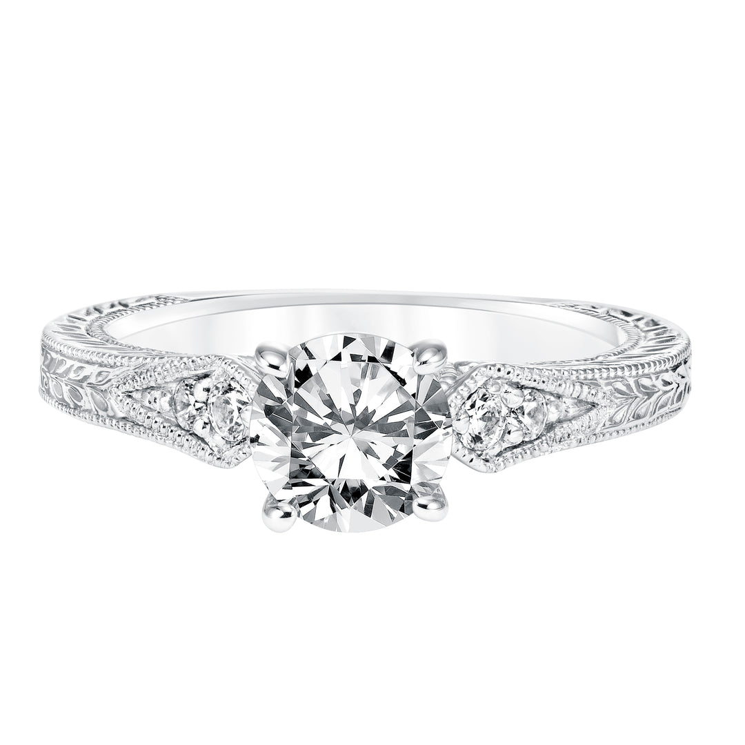 Diamond Prong Set Engagement Ring with Pinched Diamond Engraved  Shank and Milgrain Detail