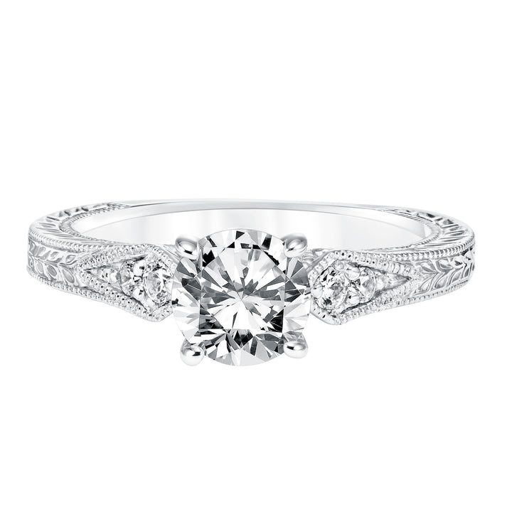Diamond Prong Set Engagement Ring with Pinched Diamond Engraved  Shank and Milgrain Detail
