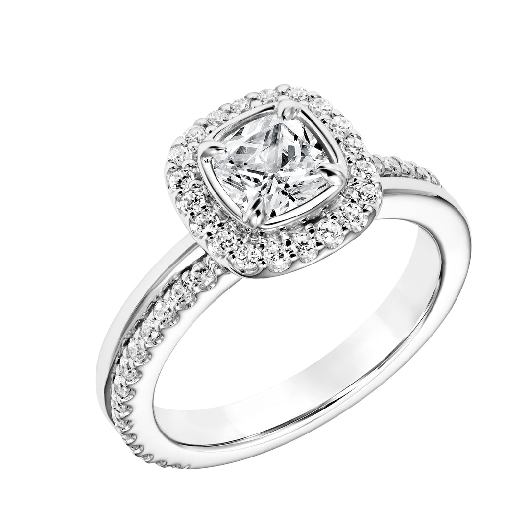 31-11065EU8W-E.00 - Goldman - Diamond Halo Engagement Ring with Bezel Set Center and Double Row Asymmetrical Diamond and Polished Shank