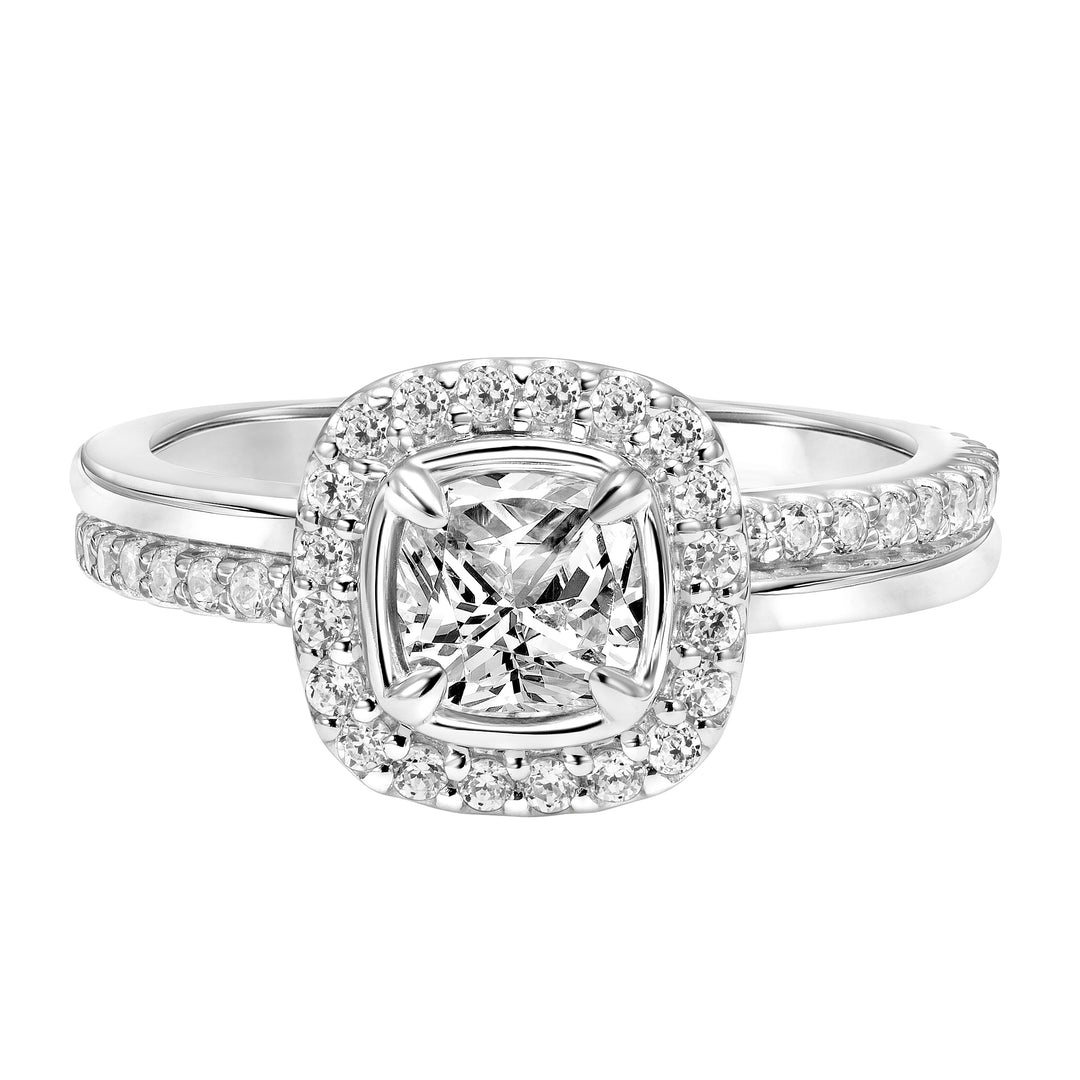 Diamond Halo Engagement Ring with Bezel Set Center and Double Row Asymmetrical Diamond and Polished Shank