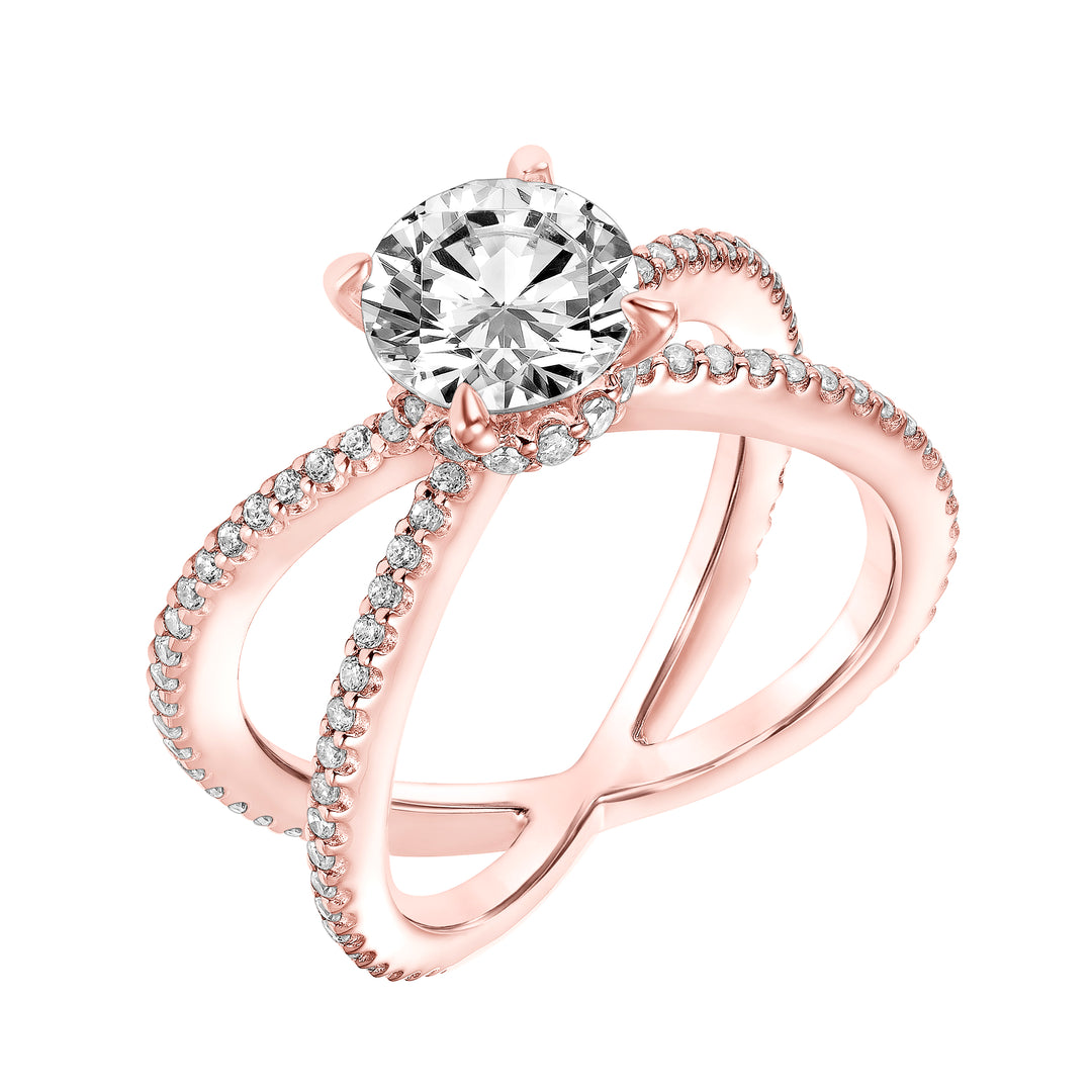 Diamond Prong Set Engagement Ring  with Diamond Collar and X Shape Diamond Shank.  Center Stone is not included.