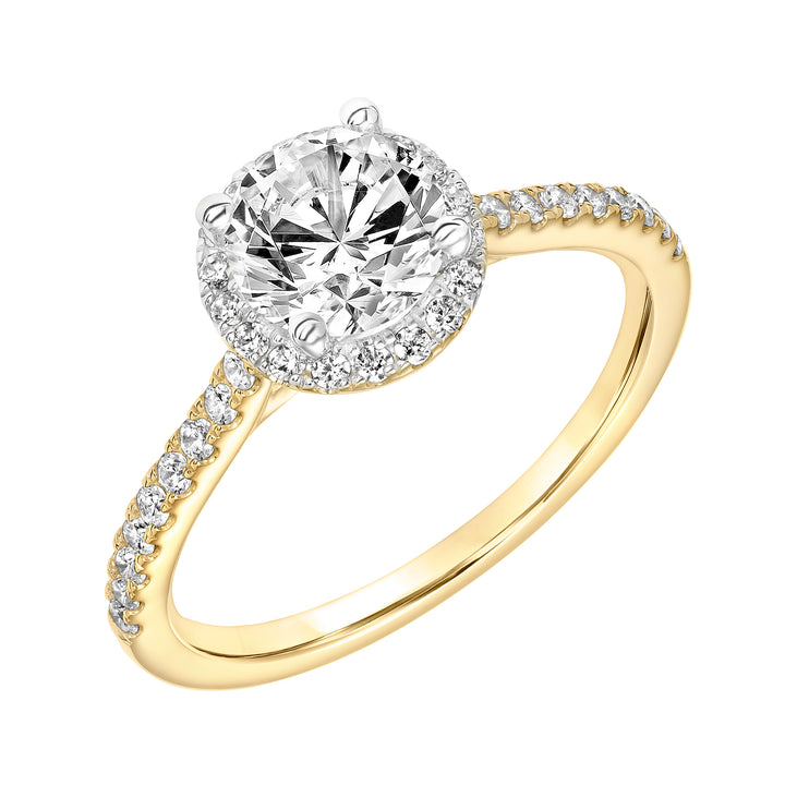 Classic Round Diamond Halo Engagement Ring with Two-Tone Prongs and Diamond Shoulders.  Center Stone is not included.