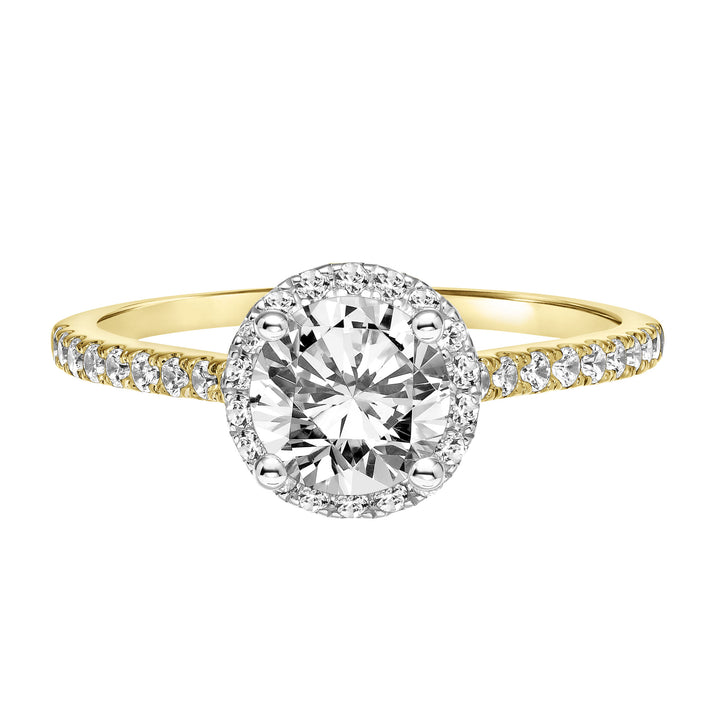 Classic Round Diamond Halo Engagement Ring with Two-Tone Prongs and Diamond Shoulders