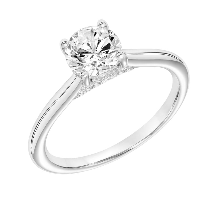 Classic Solitaire Engagement Ring with Hidden Diamond Halo and Diamond Bridge with Polished Shank.  Center Stone is not included.