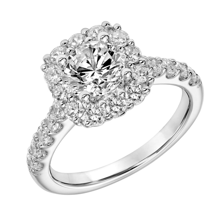 Cushion Shape Diamond Halo Engagement Ring with Diamond Shank