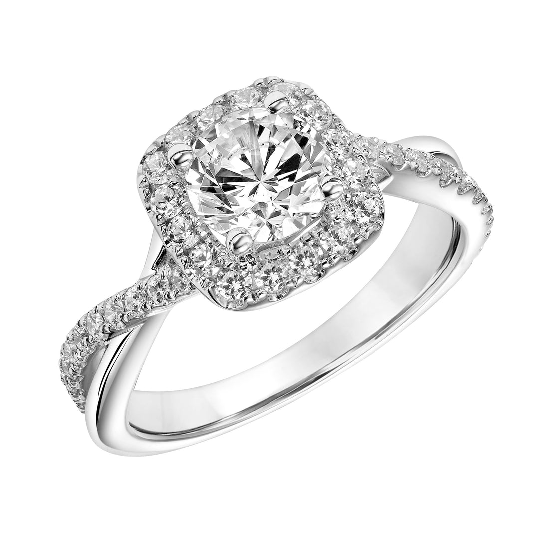 Diamond Halo Engagement Ring with Half Diamond Half Polished Twisted Shank