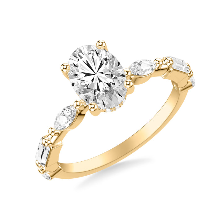 Contemporary Engagement Ring with Hidden Diamond Halo and Mixed Fancy Marquise and Baguette and Round Diamond Shank.  Center Stone is not included.