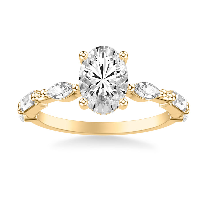 Contemporary Engagement Ring with Hidden Diamond Halo and Mixed Fancy Marquise and Baguette and Round Diamond Shank