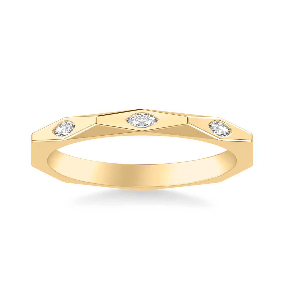 Contemporary Wedding Band with Bezel Set Marquise Diamond and Geometric Faceted Band