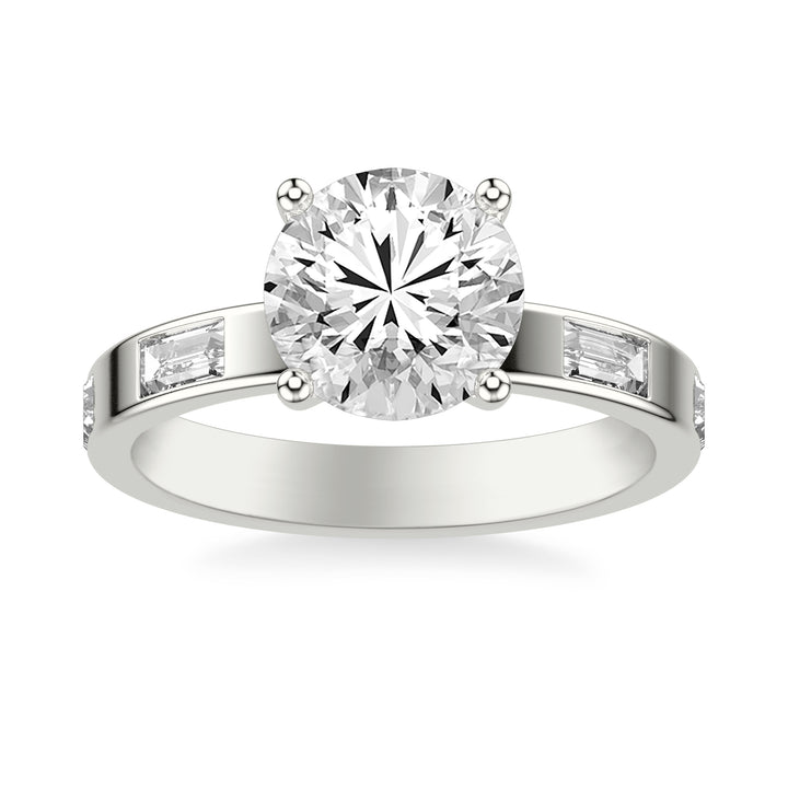 Contemporary Wide Band Engagement Ring with Bezel Set Distance Baguette East/West Diamond Polished Shank