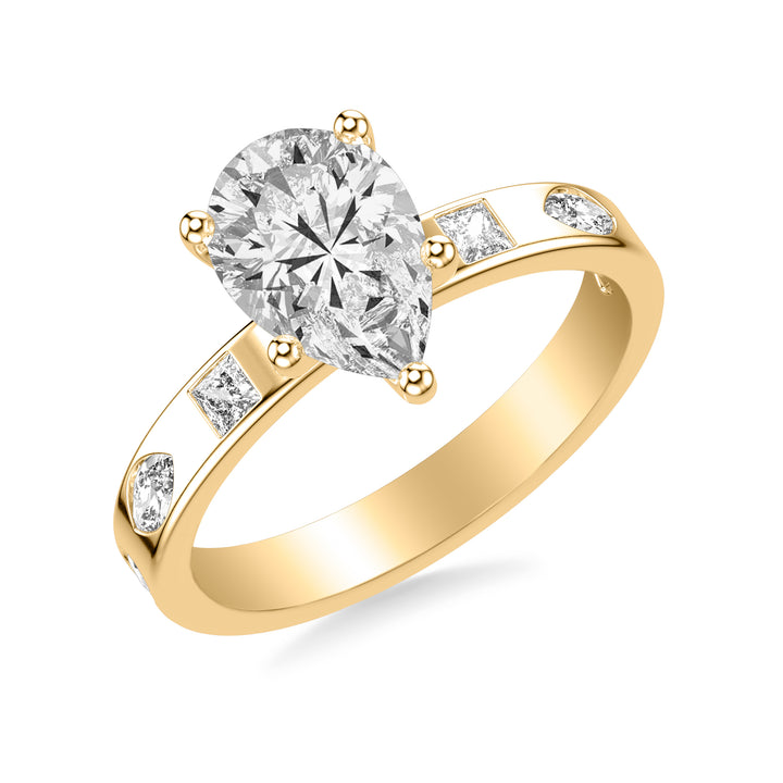 Contemporary Wide Band Engagement Ring with Bezel Set  Princess and Marquise and Pear Diamond Distance Polished Shank.  Center Stone is not included.