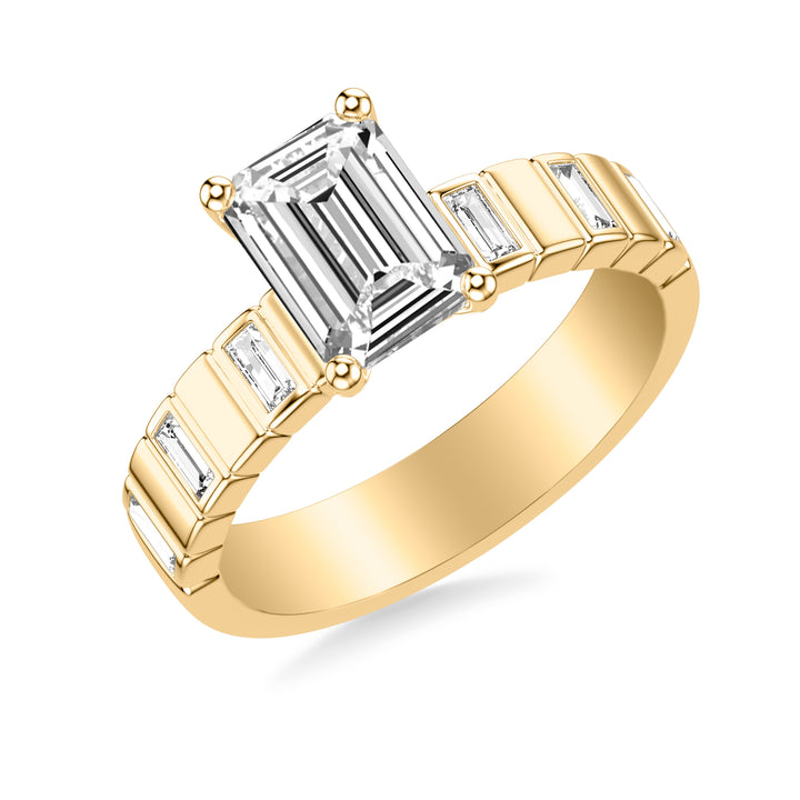 Contemporary Beveled Engagement Ring with Alternating Bezel Set North/South Baguette Diamonds and Polished Sections