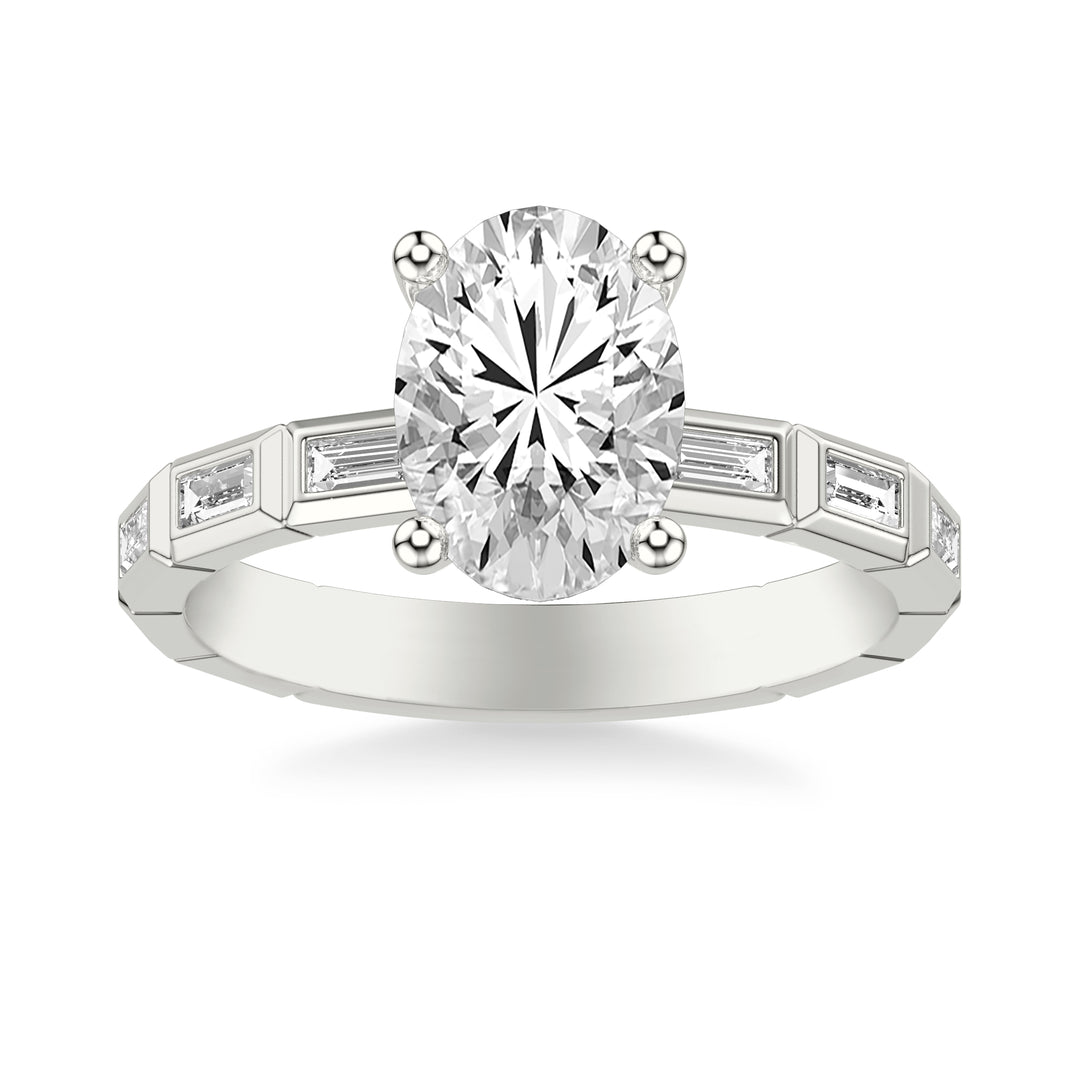 Contemporary Beveled Engagement Ring with Bezel Set East/West Baguette Diamonds
