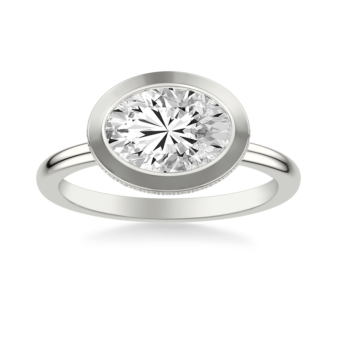 Contemporary East-West Bezel Set Engagement Ring with Hidden Halo and Polished Shank