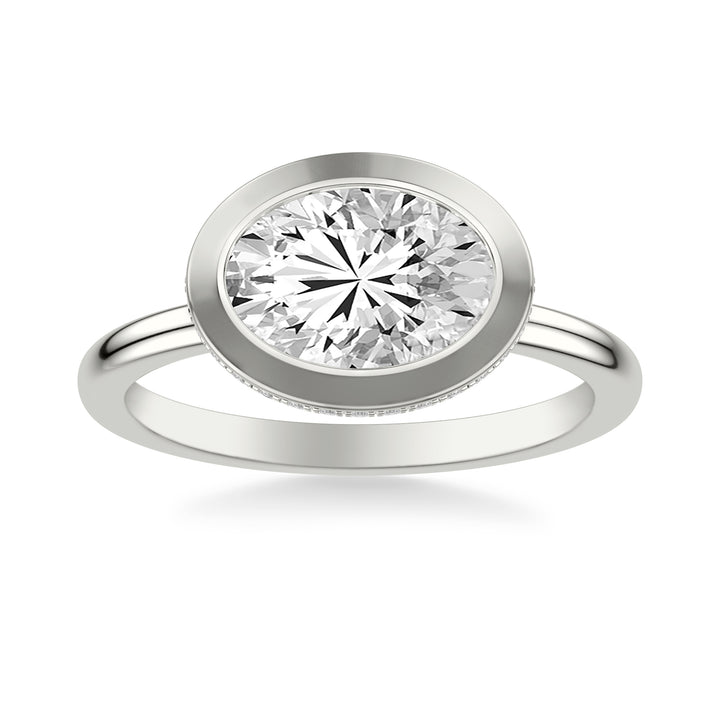 Contemporary East-West Bezel Set Engagement Ring with Hidden Halo and Polished Shank