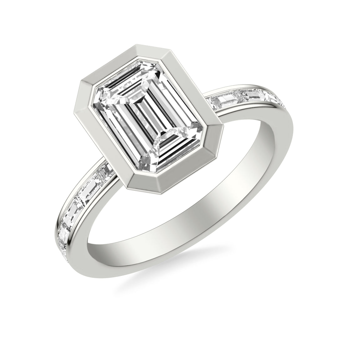 Contemporary Bezel Set Engagement Ring with Channel Set Baguette Diamond Shank.  Center Stone is not included.