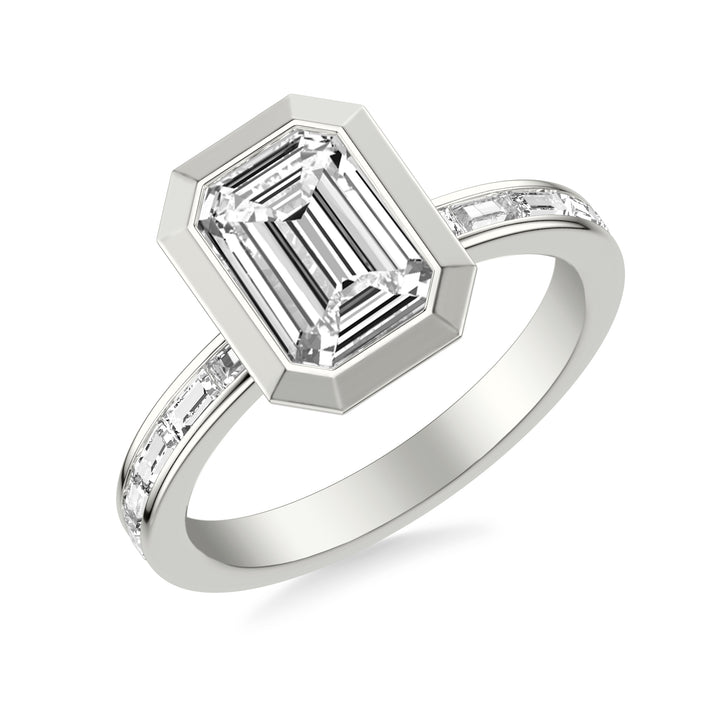 Contemporary Bezel Set Engagement Ring with Channel Set Baguette Diamond Shank.  Center Stone is not included.