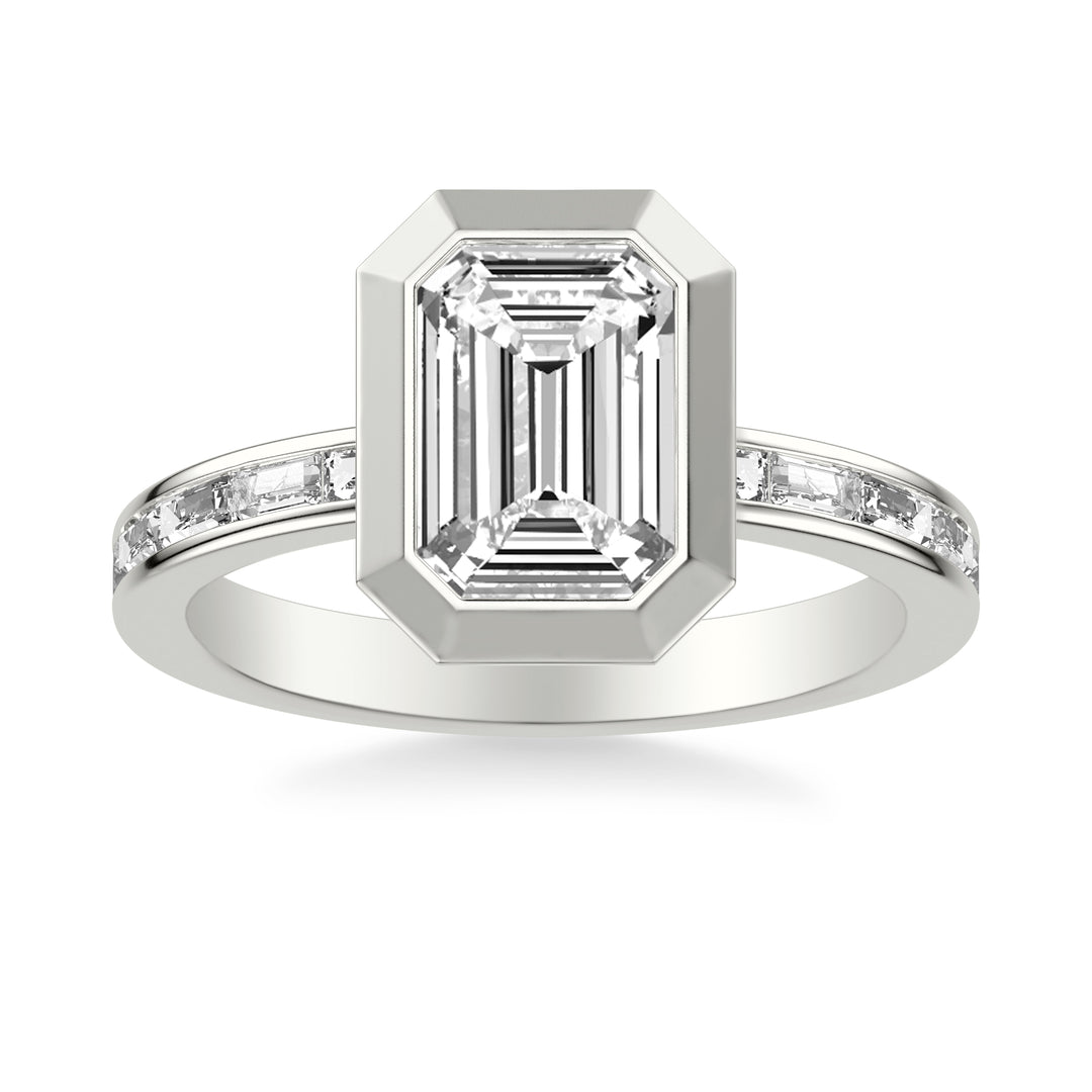 Contemporary Bezel Set Engagement Ring with Channel Set Baguette Diamond Shank