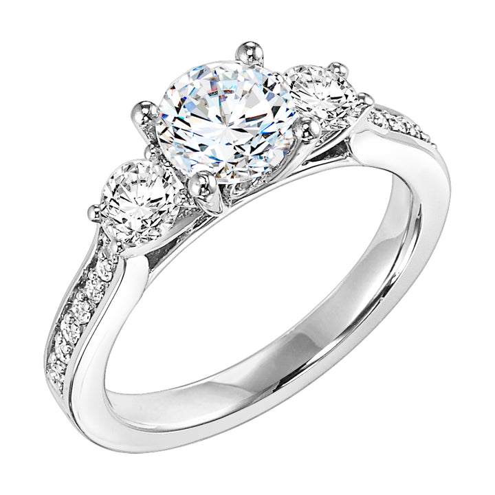 This impressive 3-stone diamond engagement ring dazzles brilliantly with its diamond accented band.  Center Stone is not included.