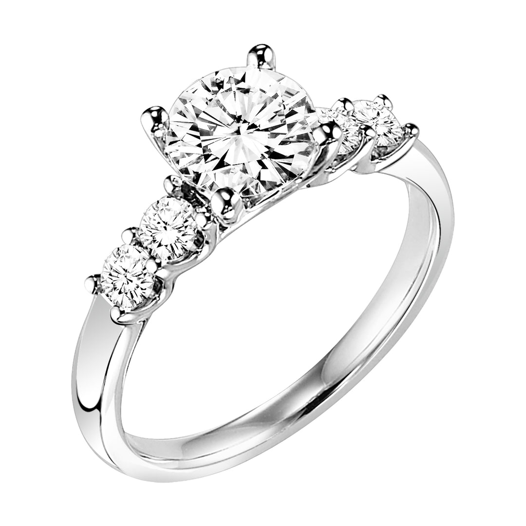 Featuring a brilliant round diamond center stone with a two prong set round diamonds on each side with a high polished band, this engagement ring is simply stunning