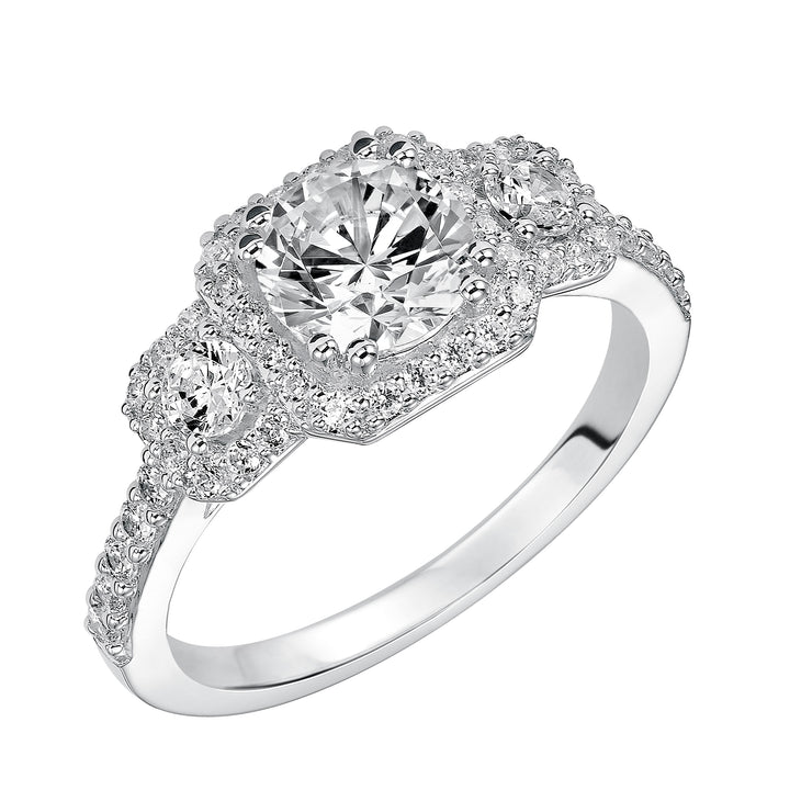 3-stone diamond engagement ring features prong set diamond halos surrounding each diamond whilst paired with a matching diamond band .  Center Stone is not included.