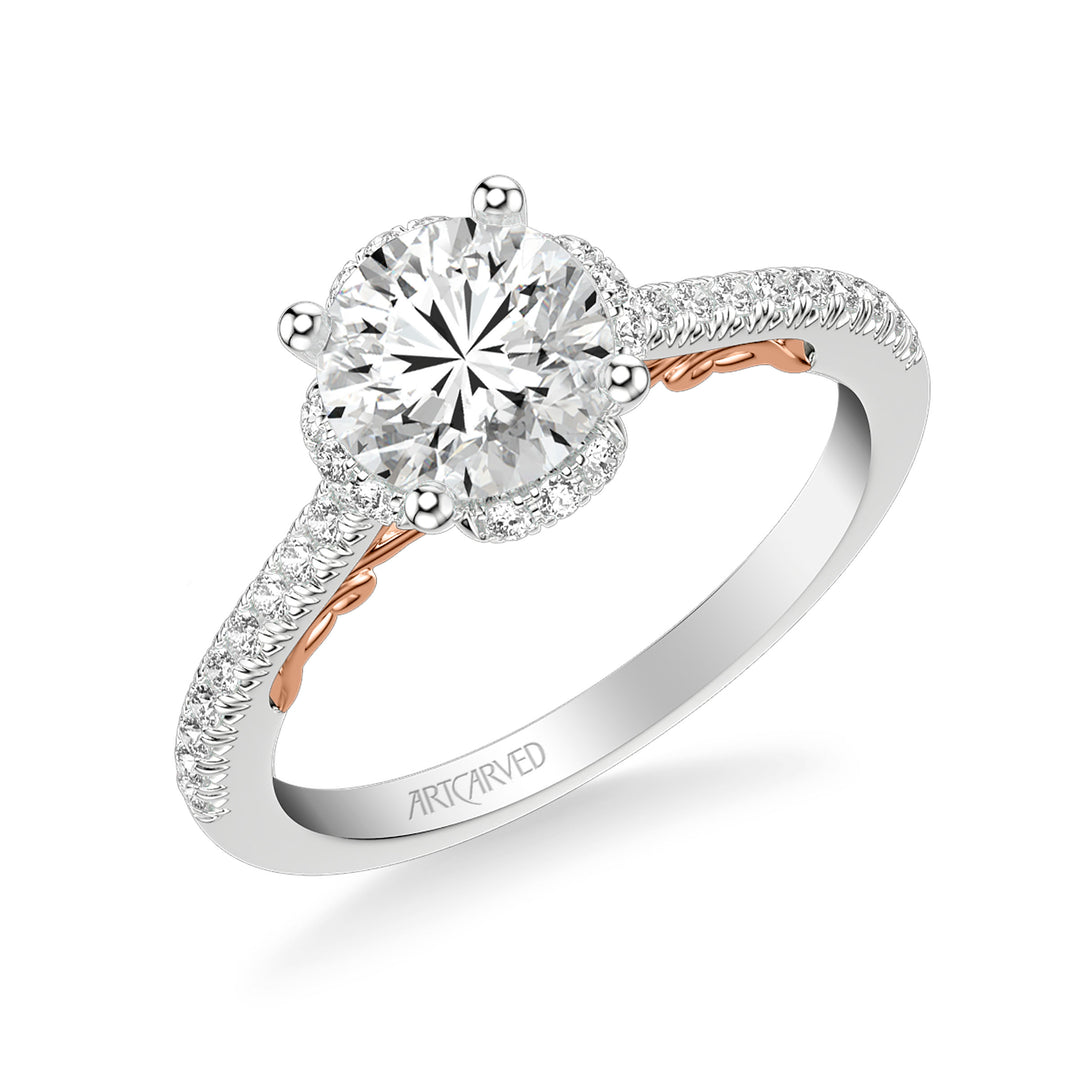 31-V1010GRWR-E.01 - Goldman - Lyric Engagement Ring with Round Diamond Halo and Carved Gallery details with  Diamond Shank