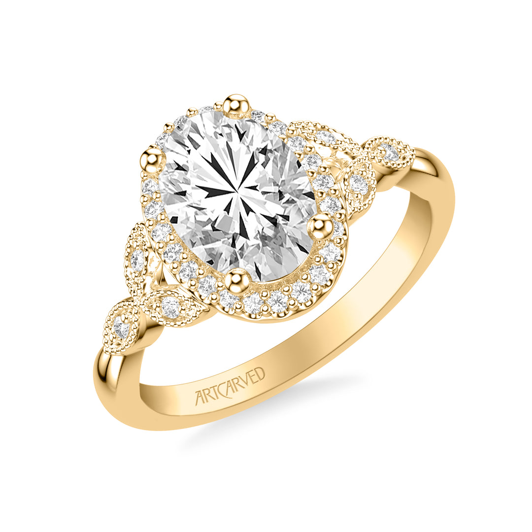 31-V1073GVY-E.01 - Goldman - Floral Engagement Ring with Oval Diamond Halo and Milgrain Marquise Shape Diamond Petals