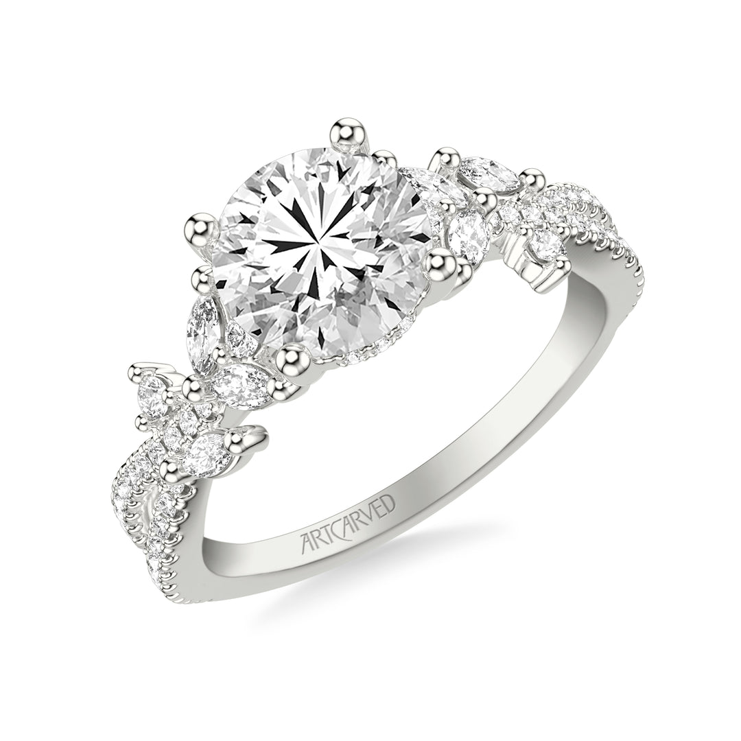 31-V1074IRW-E.01 - Goldman - Floral Twist Engagement Ring with Hidden Diamond Halo and Prong Set Marquise and Round Diamond Accents