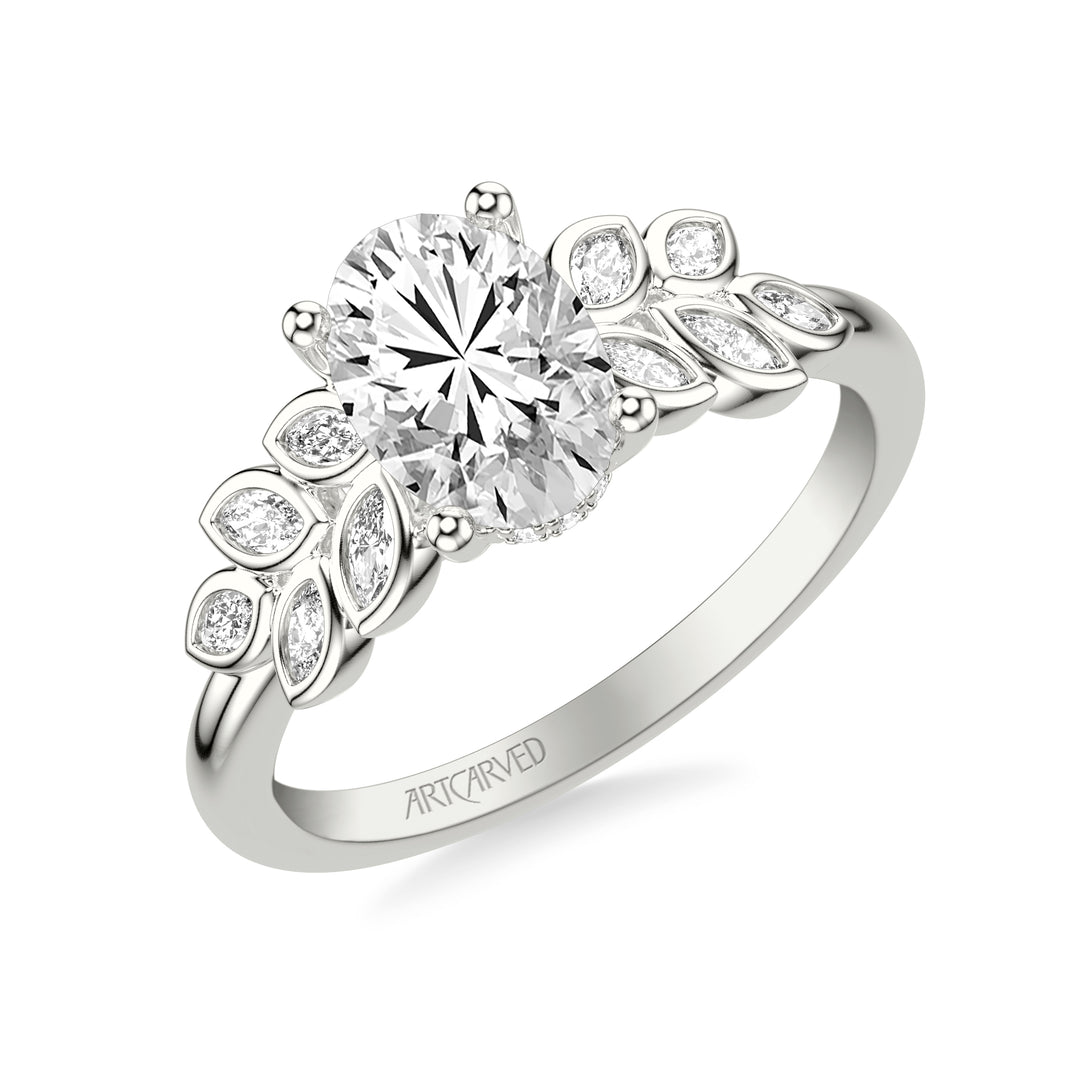 31-V1075GVY-E.01 - Goldman - Floral Engagement Ring with Cluster Bezel Set Marquise Diamond Petals and Polished Shank