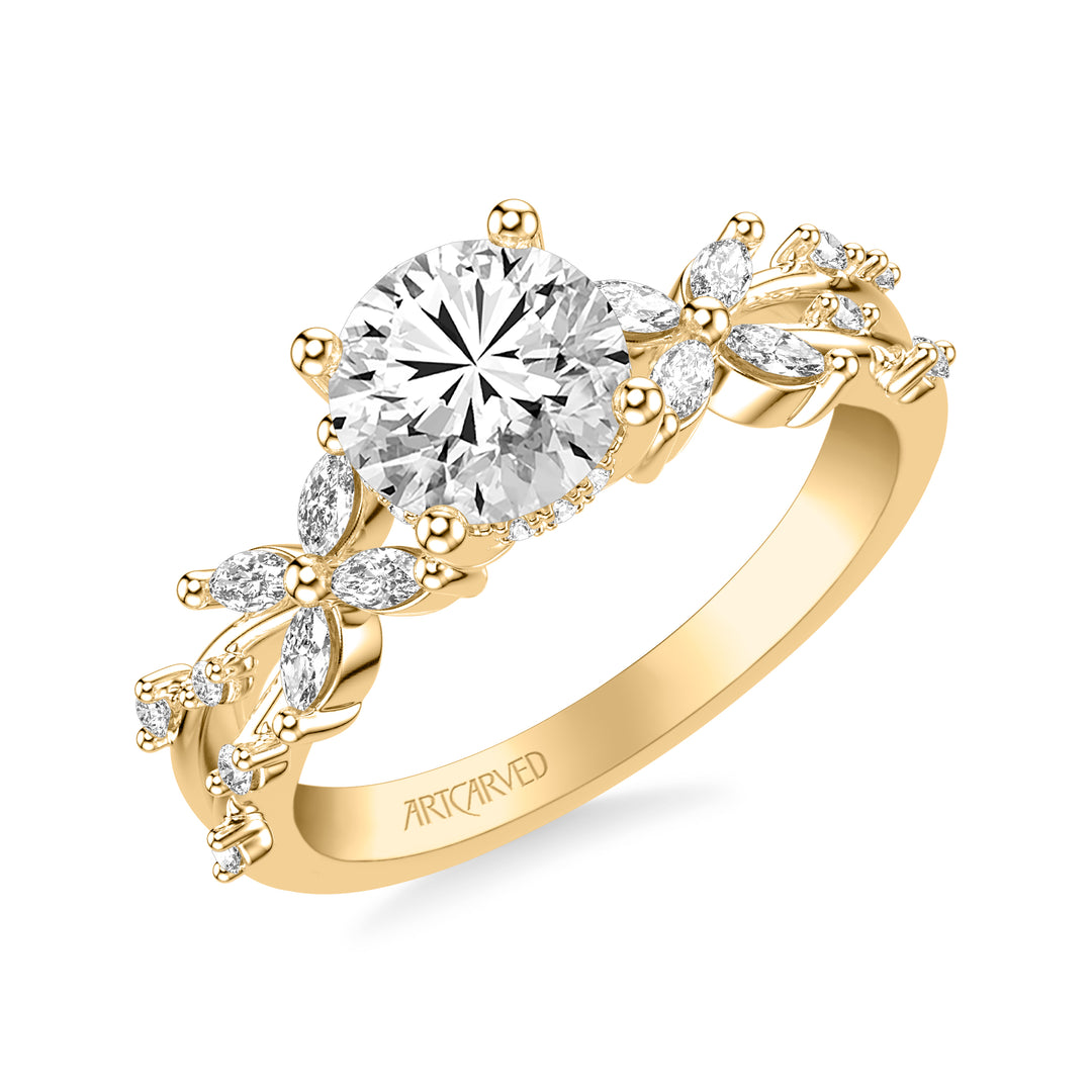 31-V1085GRY-E.01 - Goldman - Floral Engagement Ring with Prong Set Marquise Diamond Petal Accents and Polished Bypass Shank