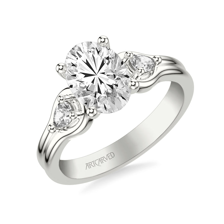 Classic Three-Stone Engagement Ring with Pear Side Stones and Double Row Polished Shank.  Center Stone is not included.