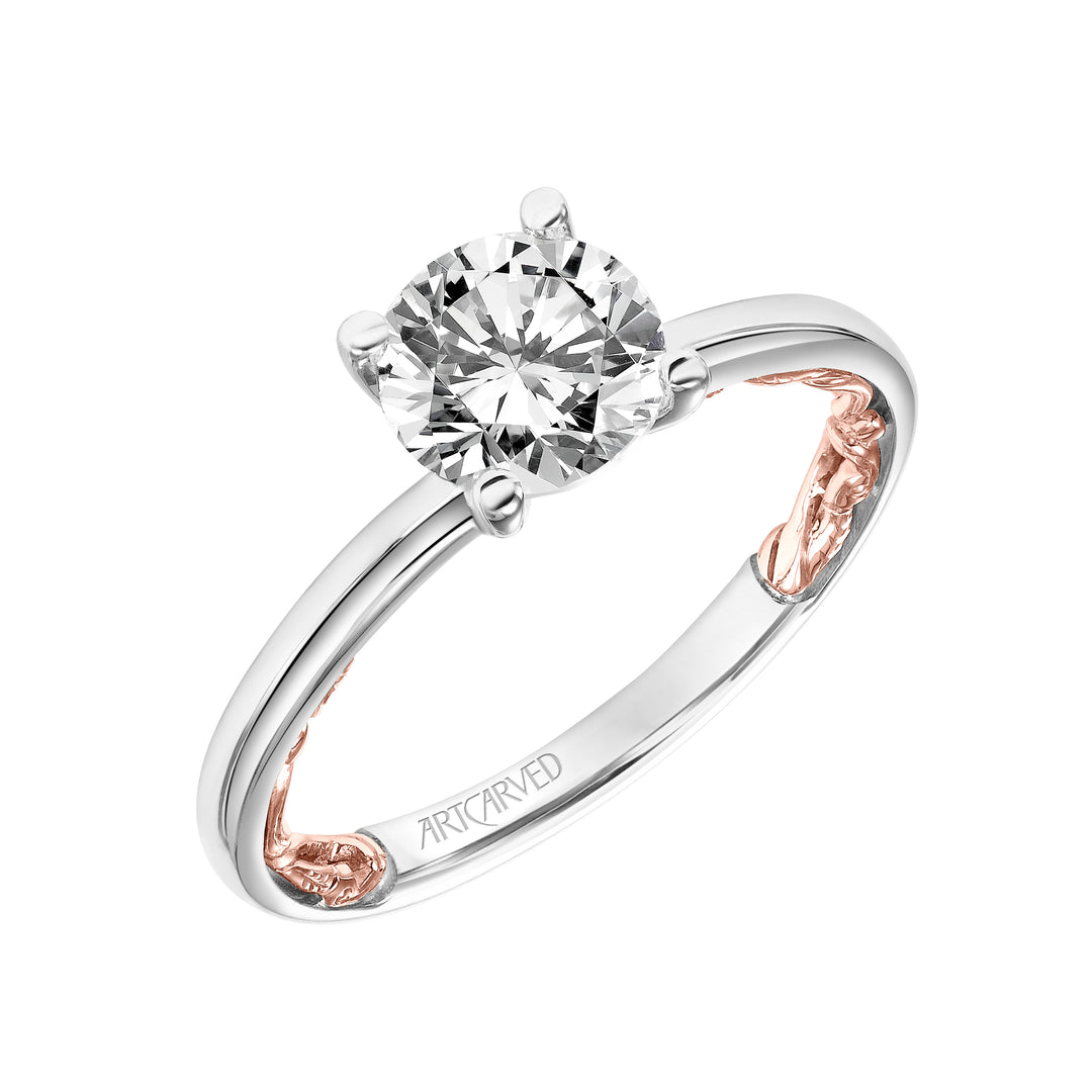 Lyric Solitaire Diamond Engagement Ring with Inner Carved details and Polished Shank.  Center Stone is not included.