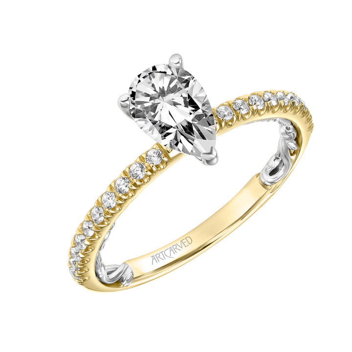 Lyric Engagement Ring with  Inner Carved details and Diamond Shank.  Center Stone is not included.
