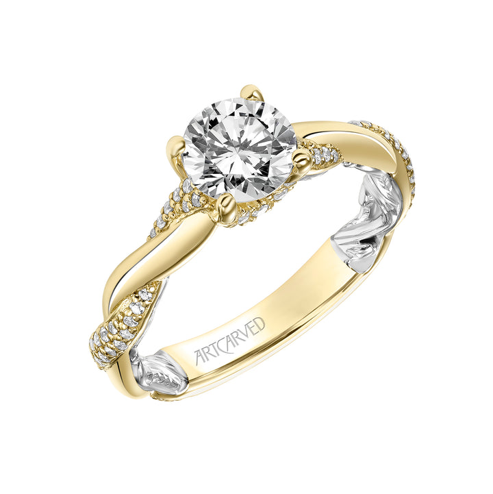 Lyric Engagement Ring with Diamond Accent basket and Inner Carved details with Alternating Diamond and Polish Twist Shank.  Center Stone is not included.