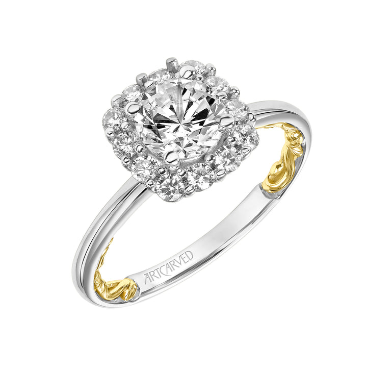 Lyric Engagement Ring with Cushion Diamond Halo and Accented Diamond Gallery with Polished Shank.  Center Stone is not included.