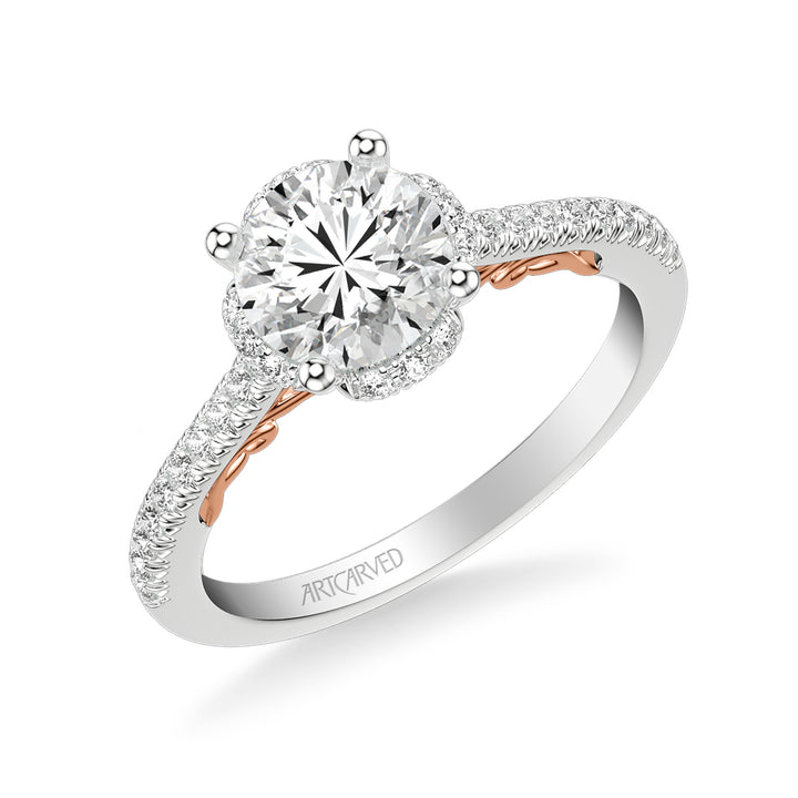 Lyric Engagement Ring with Round Diamond Halo and Carved Gallery details with  Diamond Shank