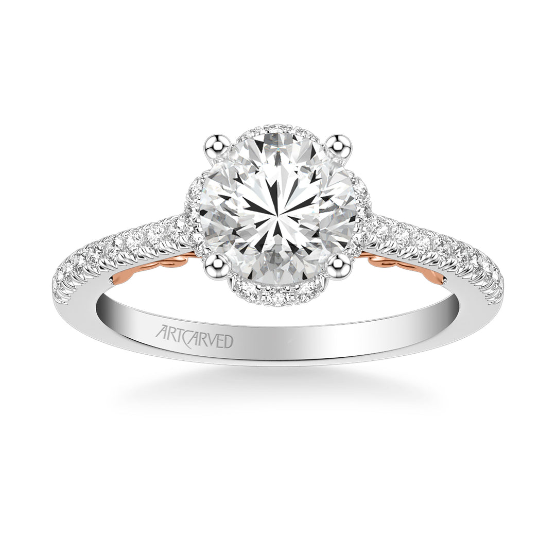 Lyric Engagement Ring with Round Diamond Halo and Carved Gallery details with  Diamond Shank