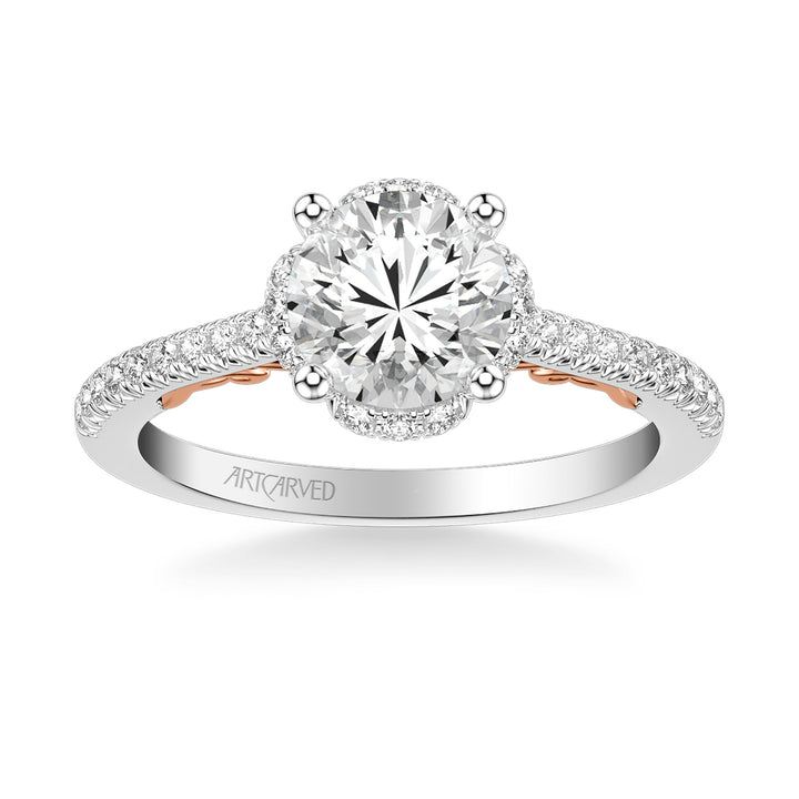 Lyric Engagement Ring with Round Diamond Halo and Carved Gallery details with  Diamond Shank