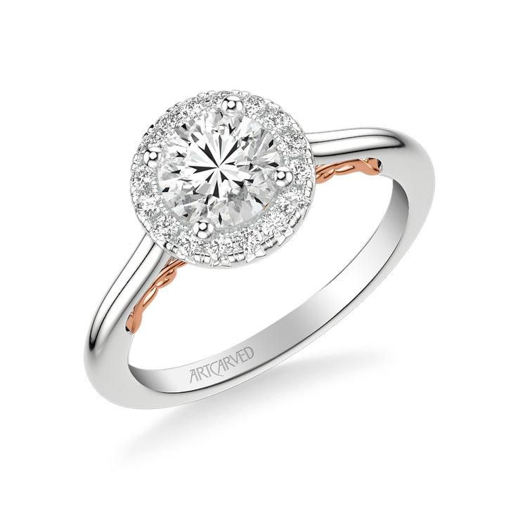Lyric Engagement Ring with Round Diamond Halo and Carved Gallery details with Polished Shank