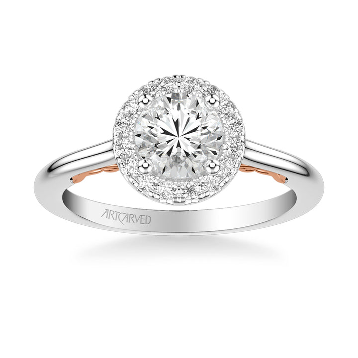 Lyric Engagement Ring with Round Diamond Halo and Carved Gallery details with Polished Shank
