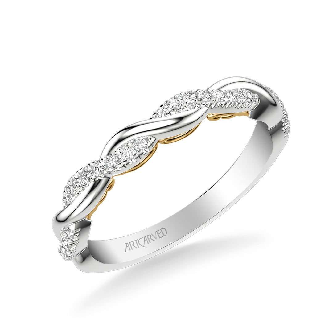 Lyric Twist Wedding Band with Diamond and Polished Design with Inner Carved details