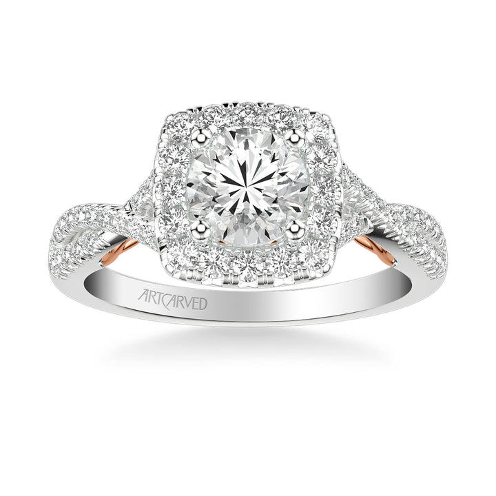 Lyric Engagement Ring with Cushion Diamond Halo and Carved Gallery details with Twist Diamond Shank