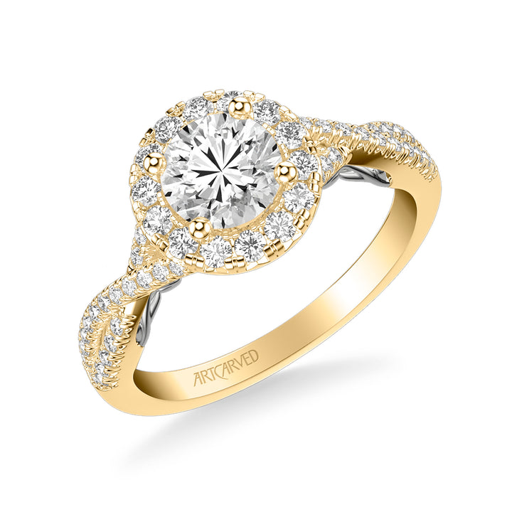 Lyric Engagement Ring with Round Diamond Halo and Carved Gallery details with Twist Diamond Shank