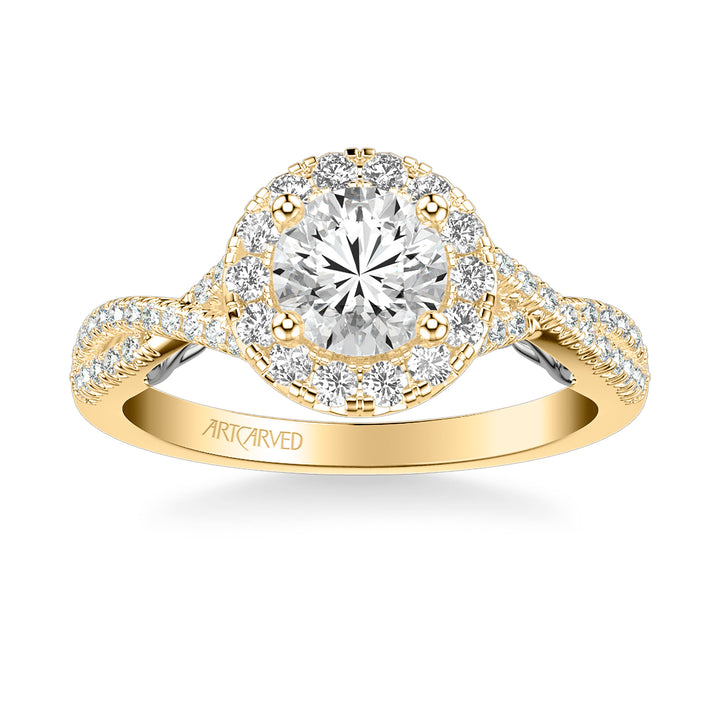 Lyric Engagement Ring with Round Diamond Halo and Carved Gallery details with Twist Diamond Shank