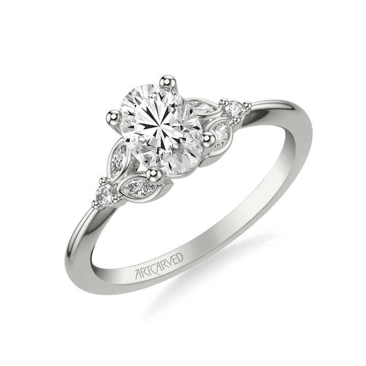 Floral Engagement Ring with Bezel Set Marquise Diamond Petal Accents and Polished Shank