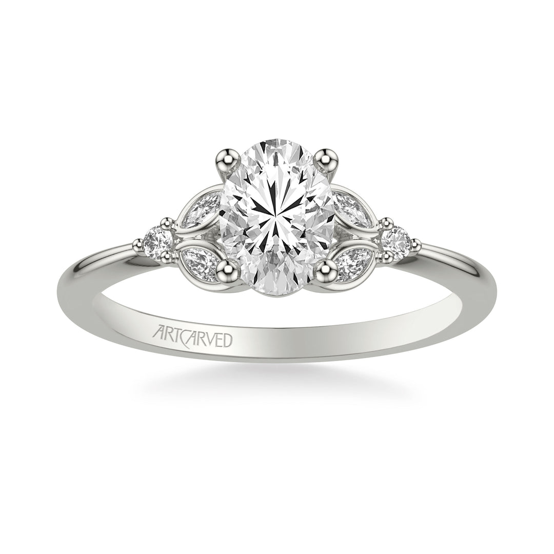 Floral Engagement Ring with Bezel Set Marquise Diamond Petal Accents and Polished Shank